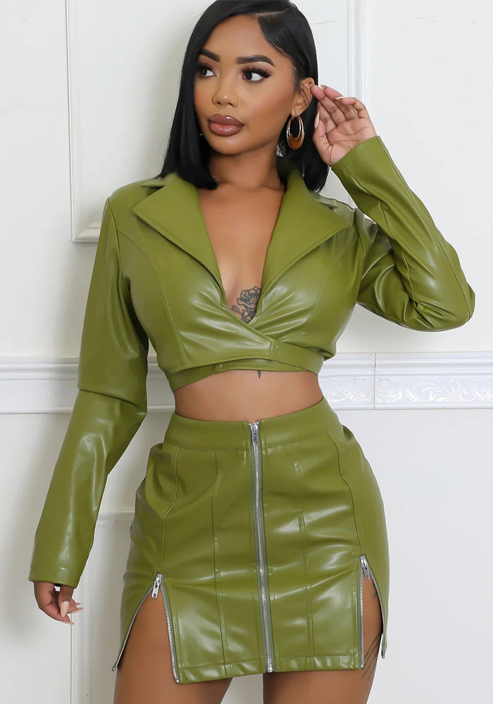 Fashionable Long-Sleeved V-Neck Slim Fit Sexy Hollow Fake Two-Piece Leather Dress