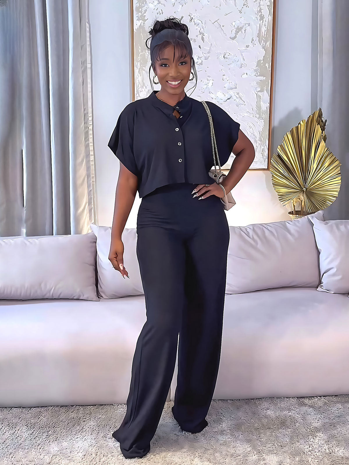 Versatile short Sleeve Shirt top solid color straight women's trousers Casual two-piece set 3