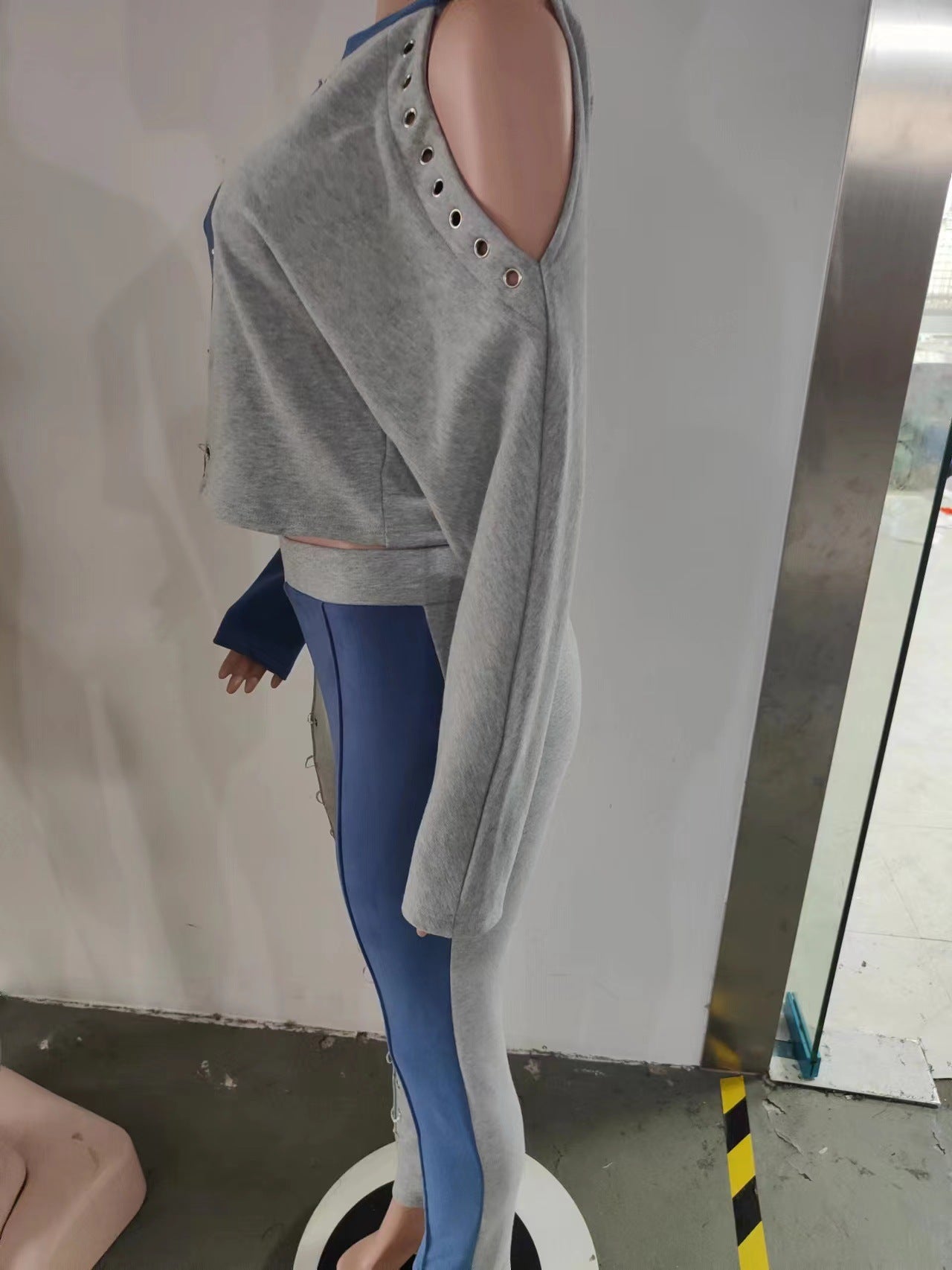 Women's Fall Shoulder Cutout Top Colorblock Metallic Trousers Casual Two Piece Set 8