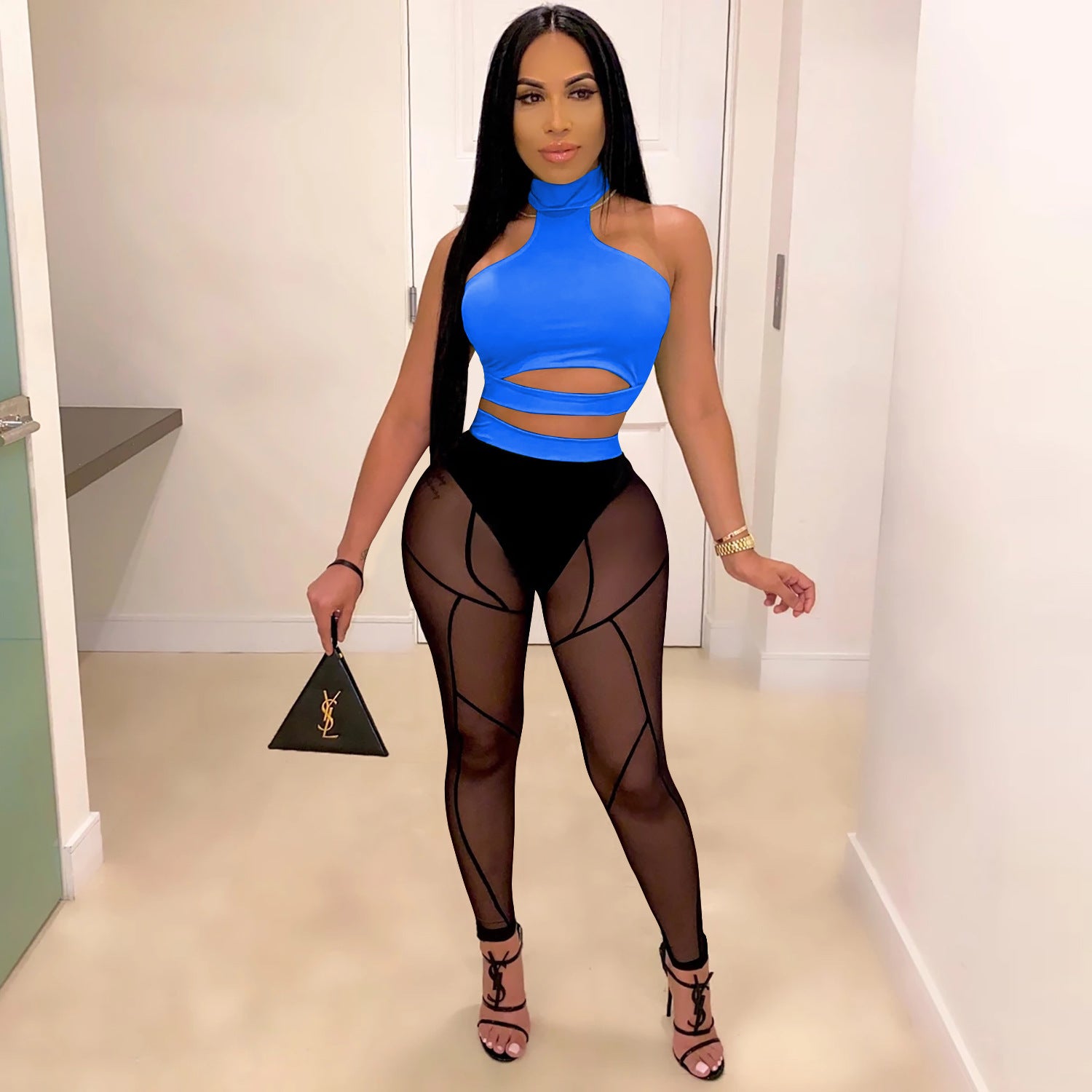 Women See-Through Colorblock Top and Pant Two Piece Set 9