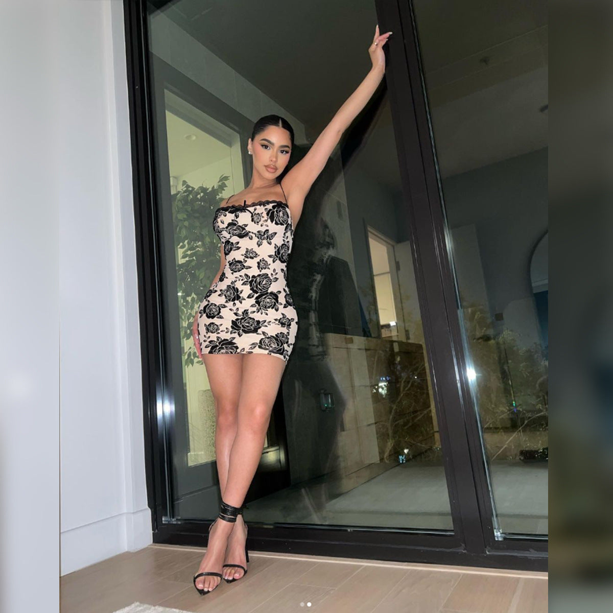 Spring Women's Fashion Low Back Strap Slim Retro Print Bodycon Dress 4