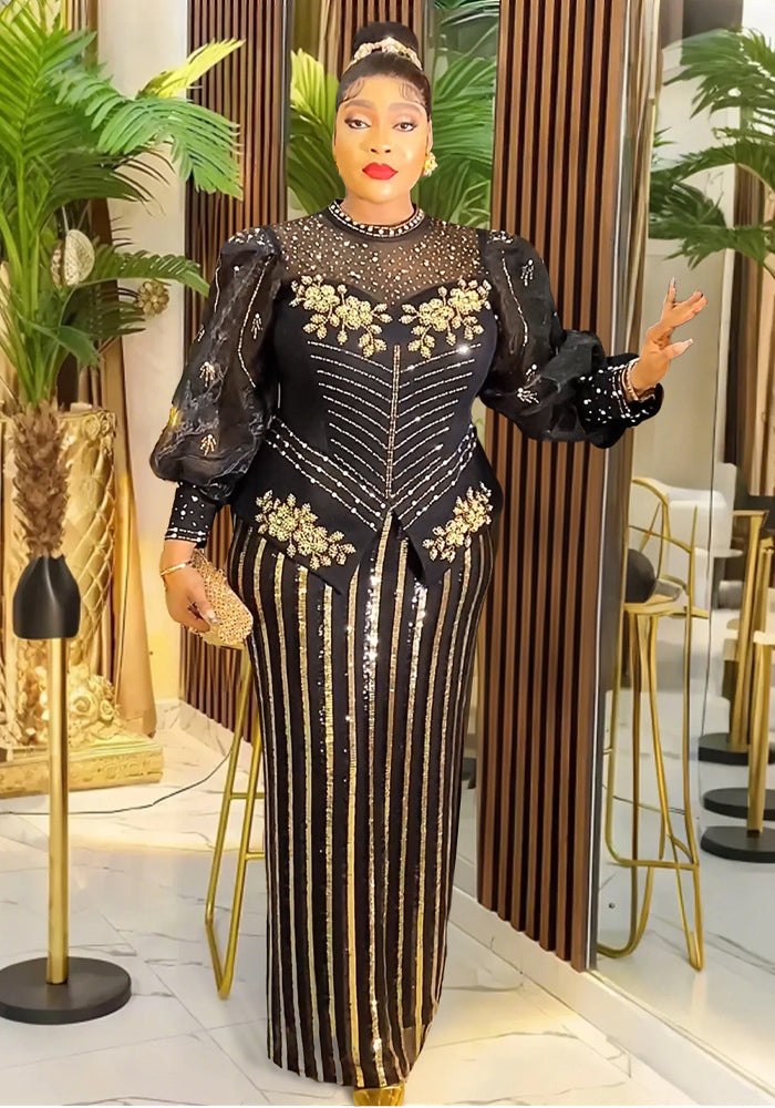 Plus Size African Women beaded formal party sequin dress