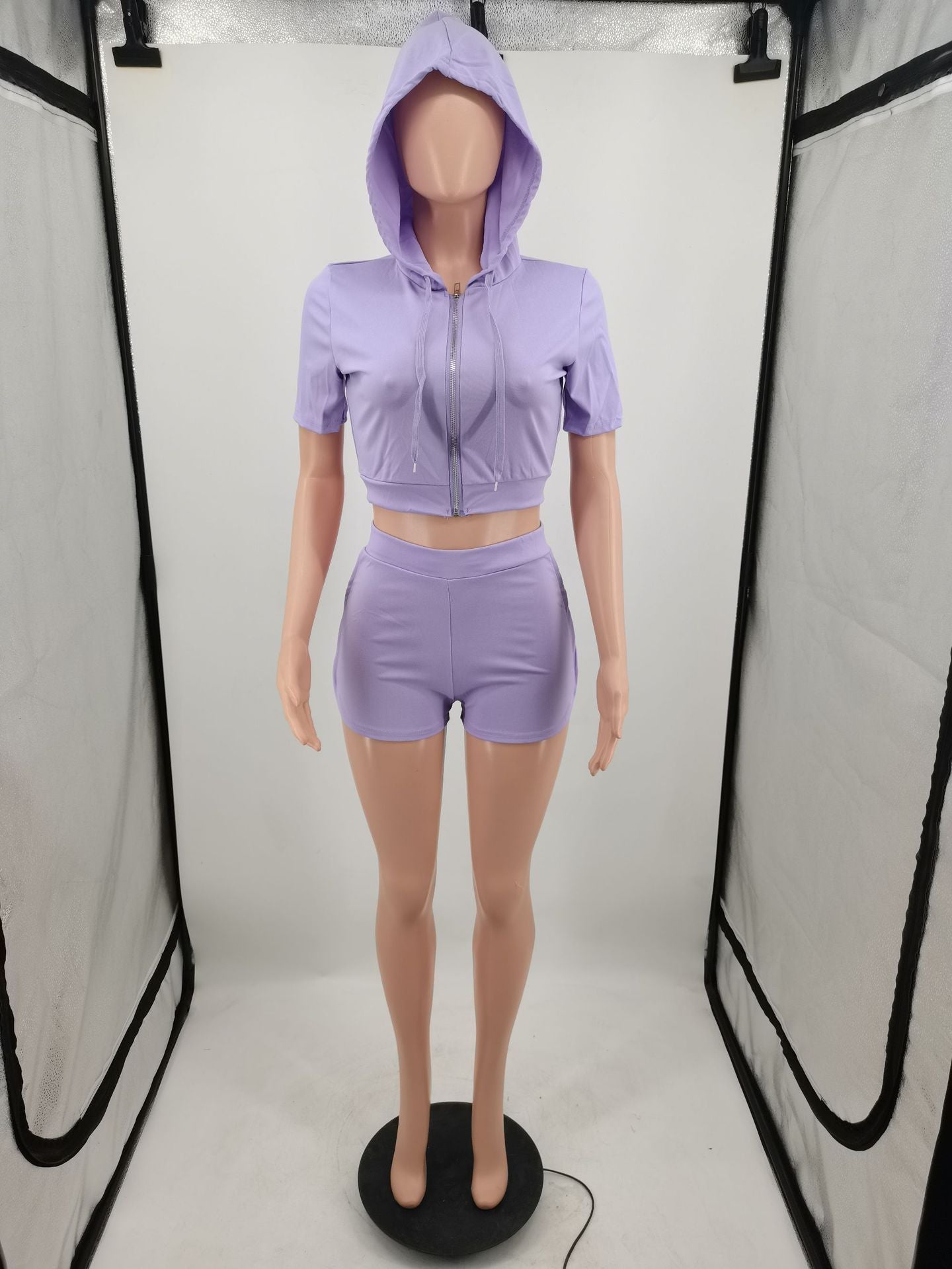 Women's Solid Color Fashion Casual Hooded Zipper Two-Piece Shorts Set 14