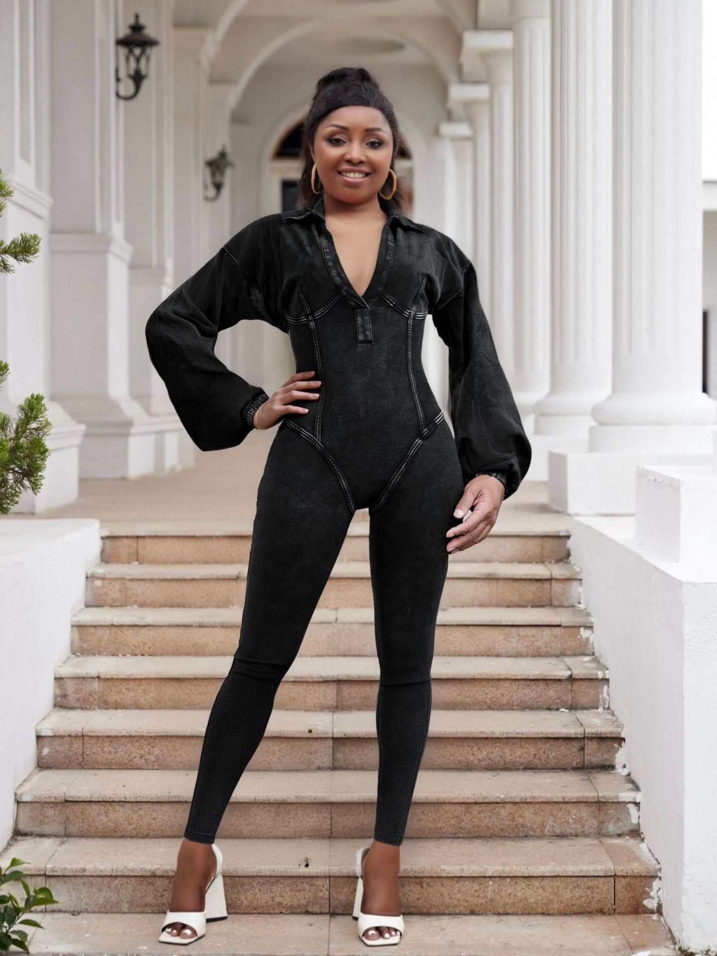 Plus Size Fashion Women Denim Washed Sexy Deep V Tight Fitting Long Sleeve Jumpsuit 3