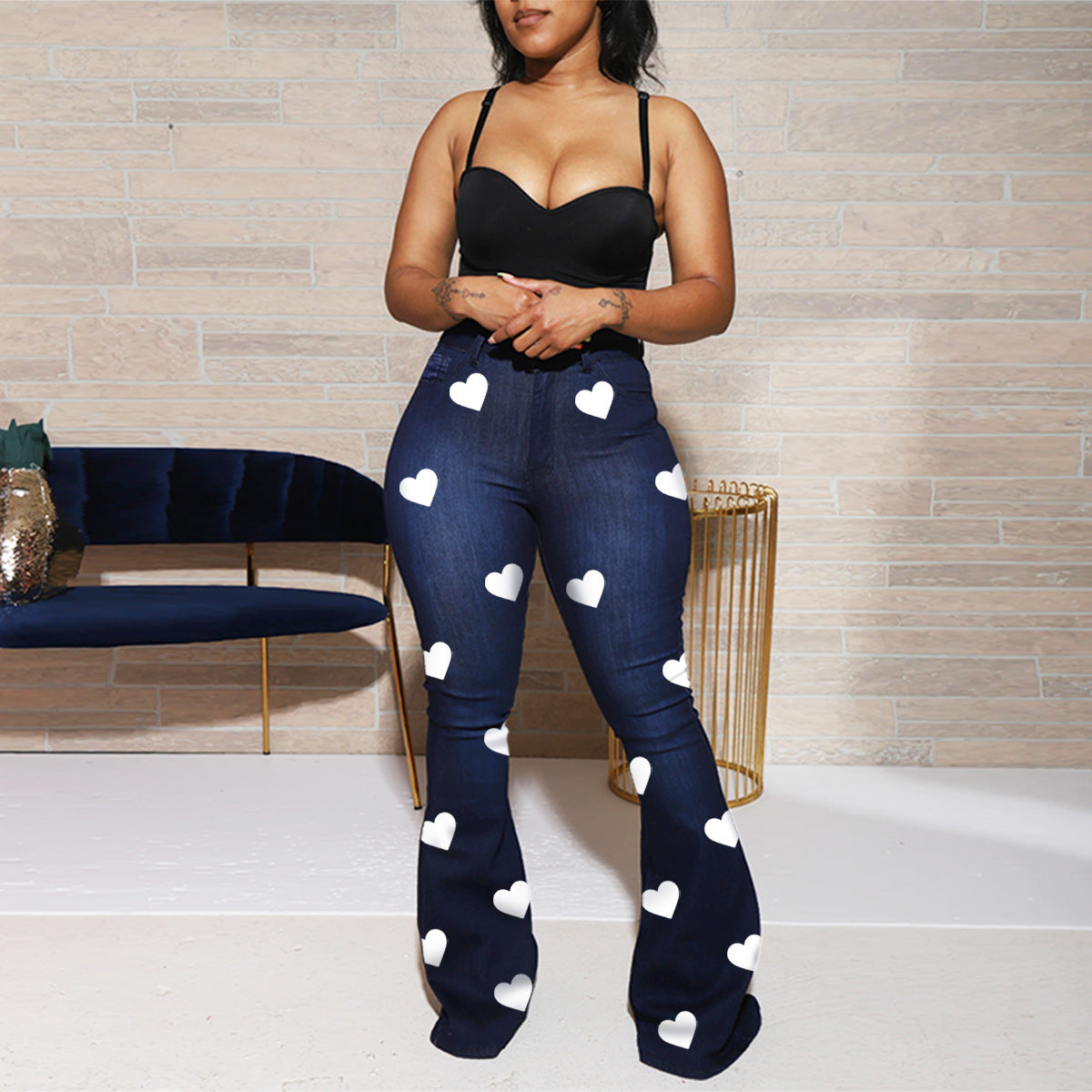Women's Heart Printed High Waist Women's Bootcut Denim Trousers
