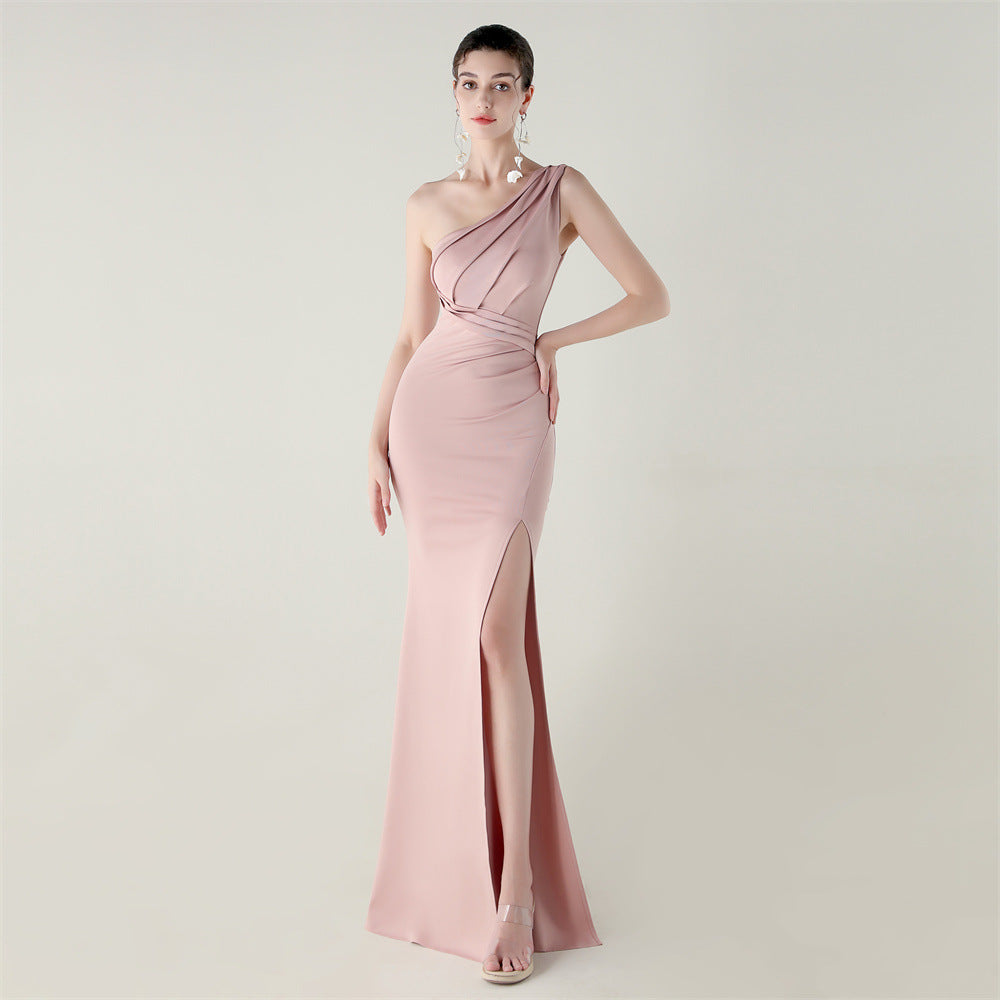 Women one-shoulder satin beaded sexy slit evening dress 11