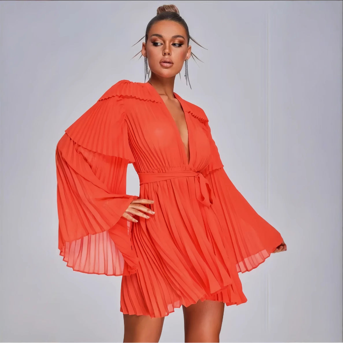 Women's Spring Solid Color Deep V-Neck Bell Sleeve Pleated Lace-Up Short Dress 4