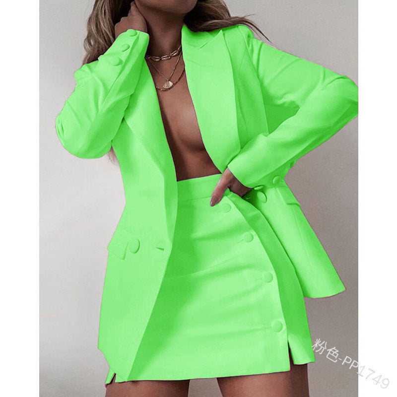 Solid Color Suit Blazer Coat Skirt Two Piece 27