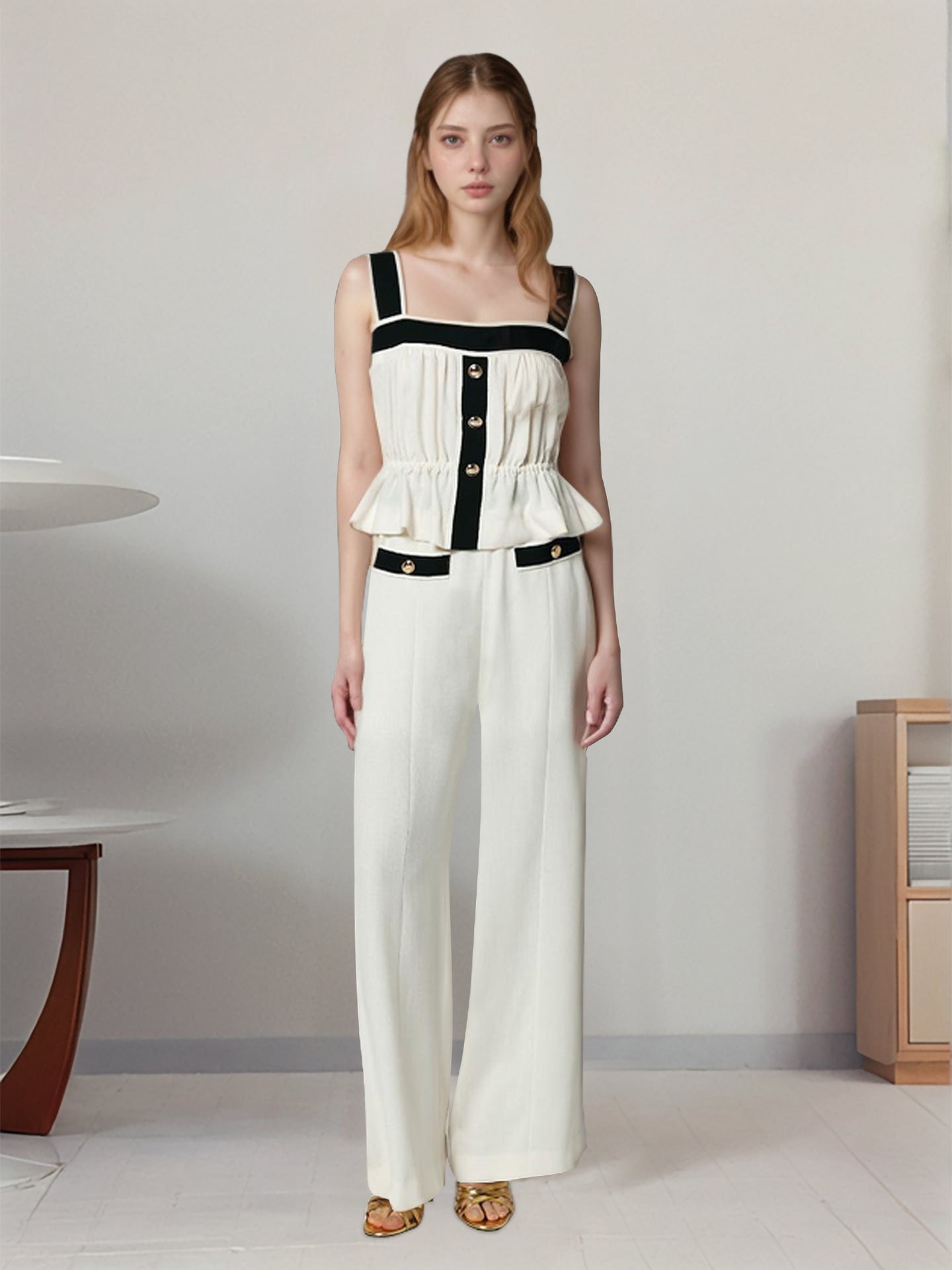 contrast color  Square neck camisole pants fashion women's suit