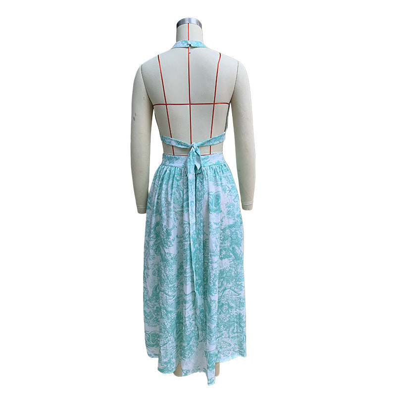 Women's Holidays Style Printed Halter Backless Top Slit Long Skirt Two-Piece Set 7