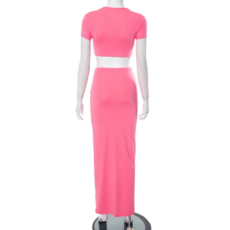Women's Spring Solid Short Sleeve Crop Two Piece Skirt Set 40
