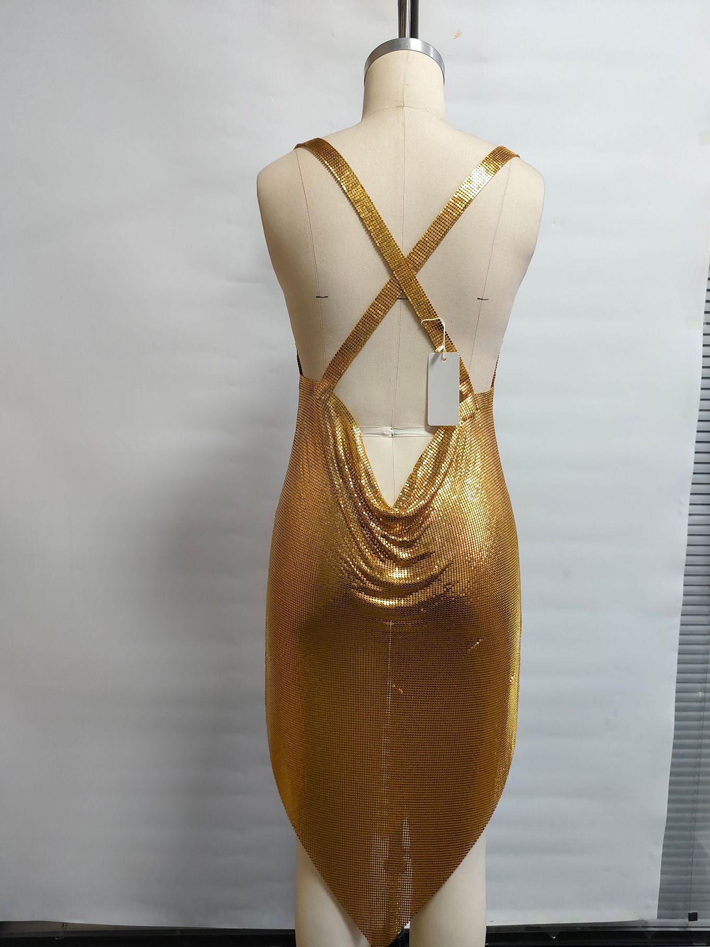 Fashion Women's Nightclub Rhinestone Chain Metal Sexy Halter Neck Dress 7