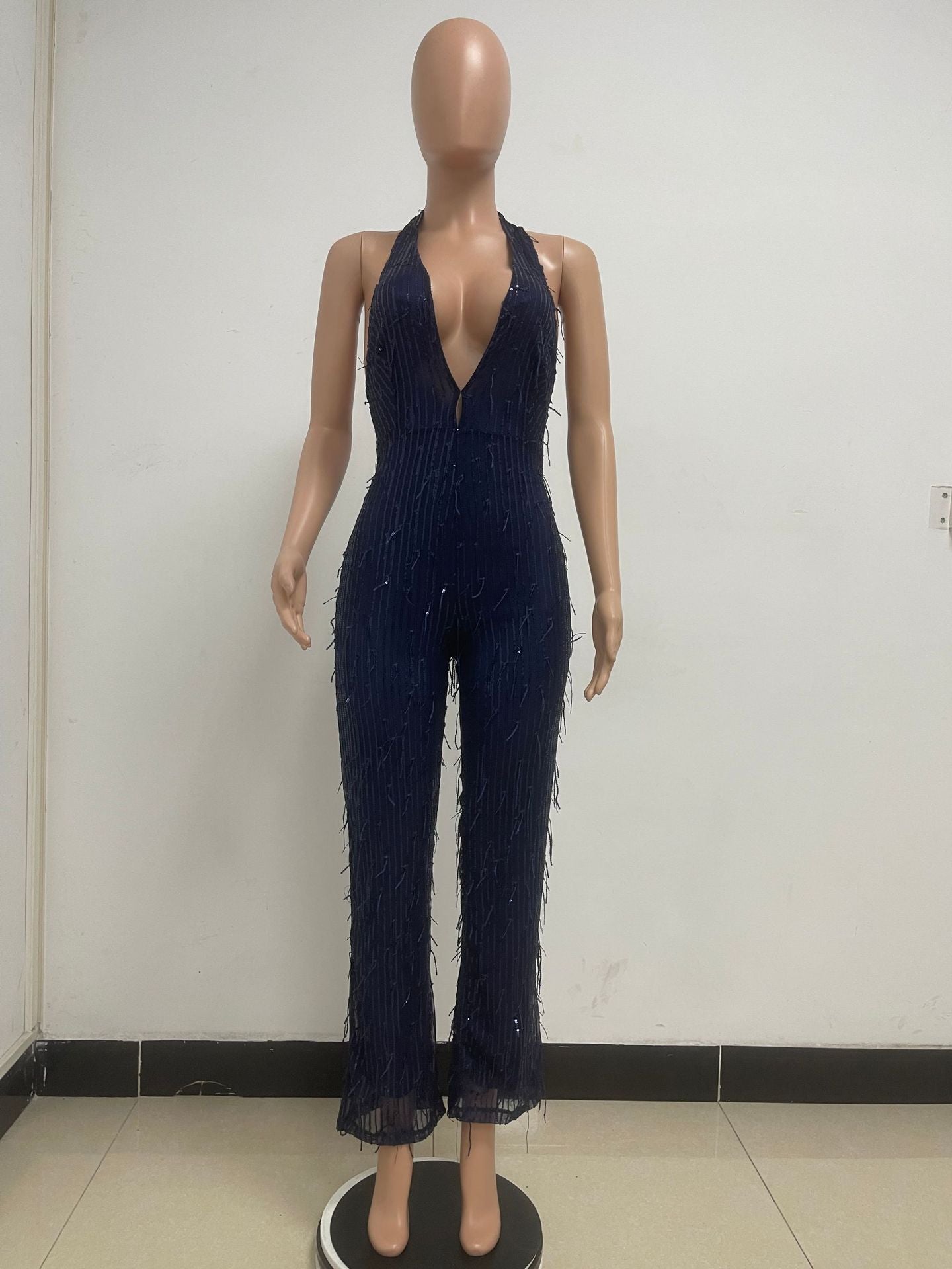 Women's Sleeveless Deep V Halter Neck Low Back Sequin Jumpsuit T 25
