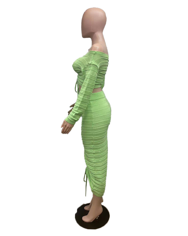 Women's Autumn and Winter Fashion Long Sleeve Off Shoulder Crop Top Drawstring Skirt Knitted two piece Set 17