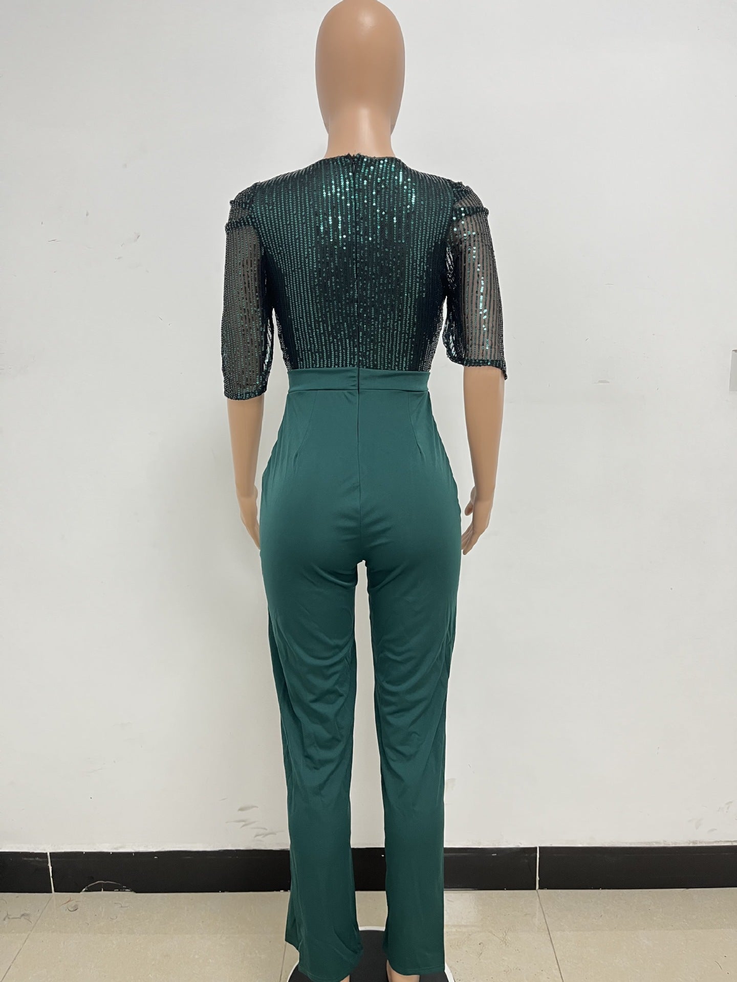 Women's Fashion Sequins Half Sleeve Wide-Leg Chic Ladies Jumpsuit 31