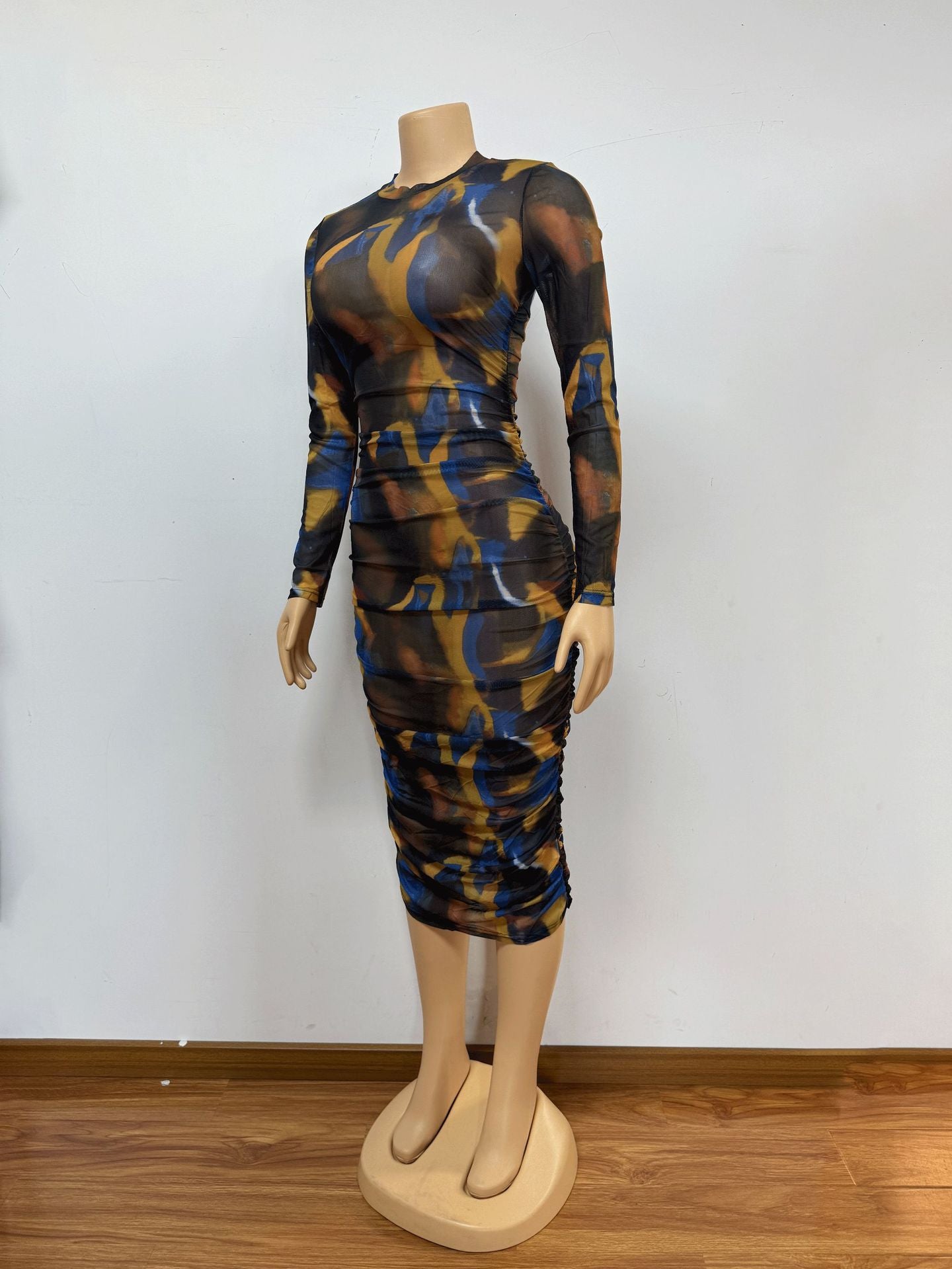 See-Through Mesh Sexy Round Neck Long-Sleeve Bodycon Dress 6