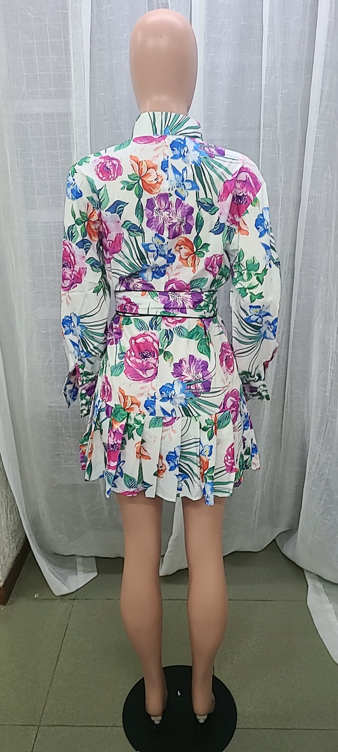 Women'S Fall Floral Printed Long Sleeve Shirt Pleated Dress 12