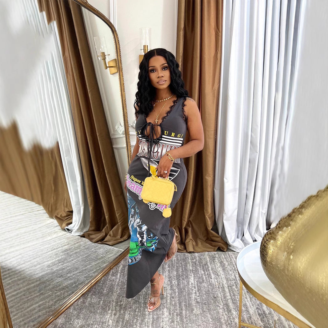 Women sexy lace v-neck sleeveless printed lace suspender dress 5