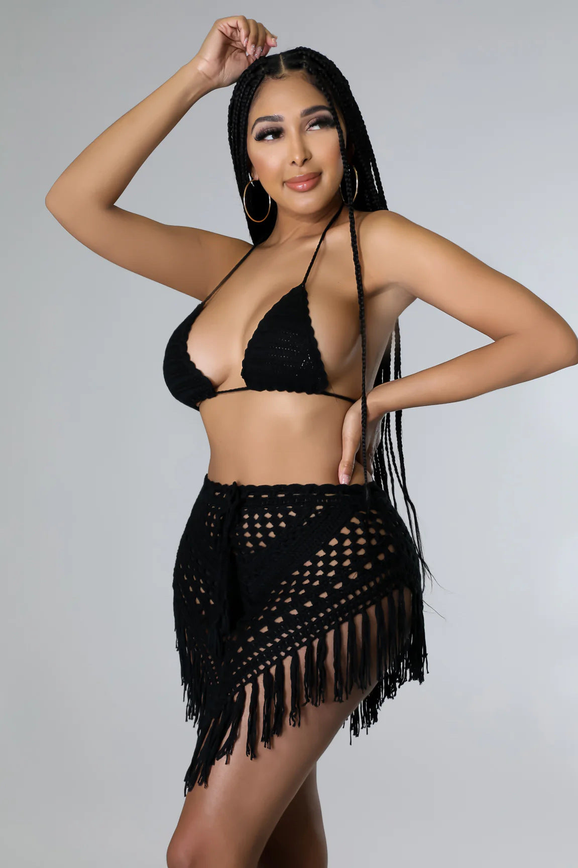 Summer Crocheted Hollow Bra Tassel Short Skirt Sexy Two-Piece Set 11