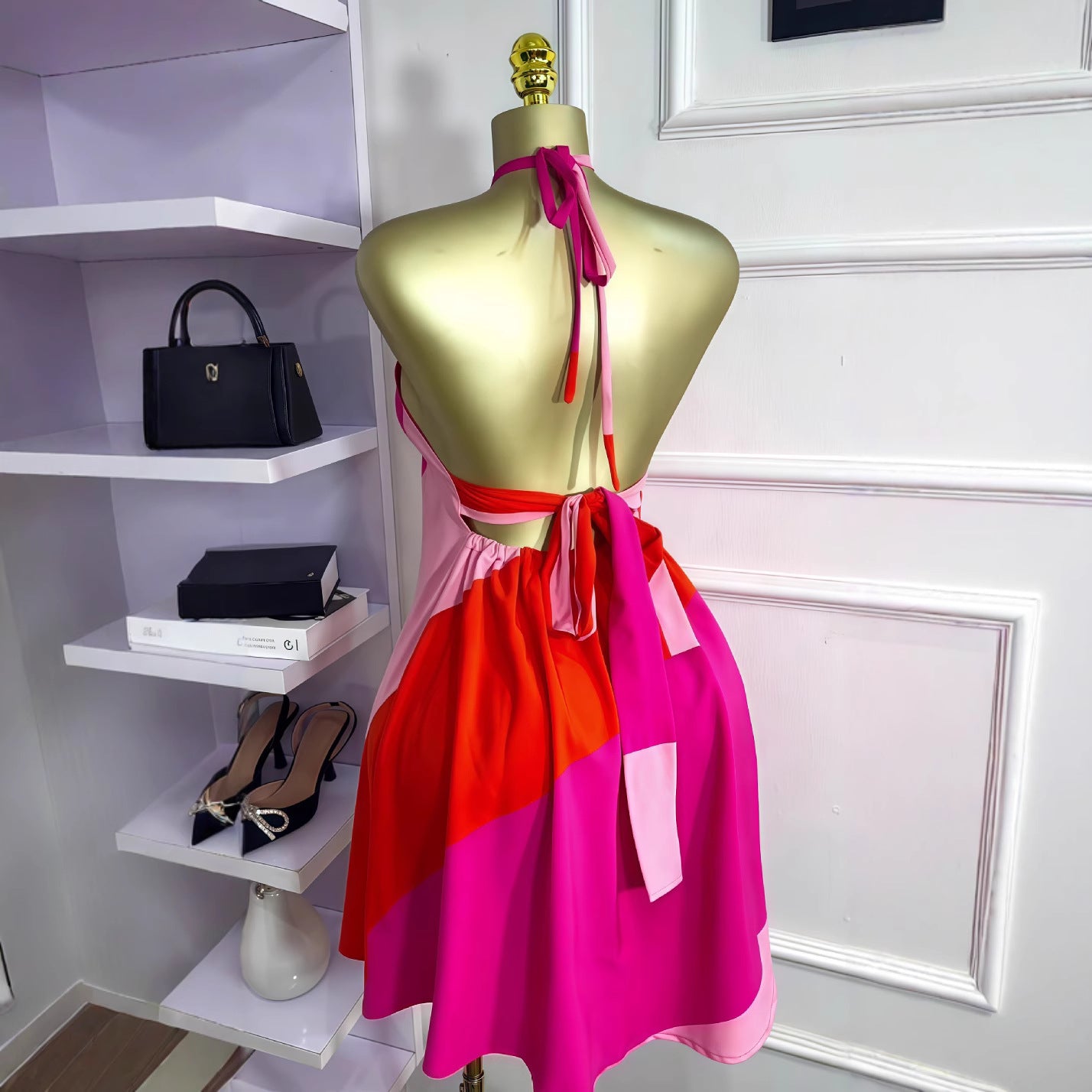 Women Summer Colorblock Floral Sleeveless Halter Neck Backless Lace-Up Dress 4