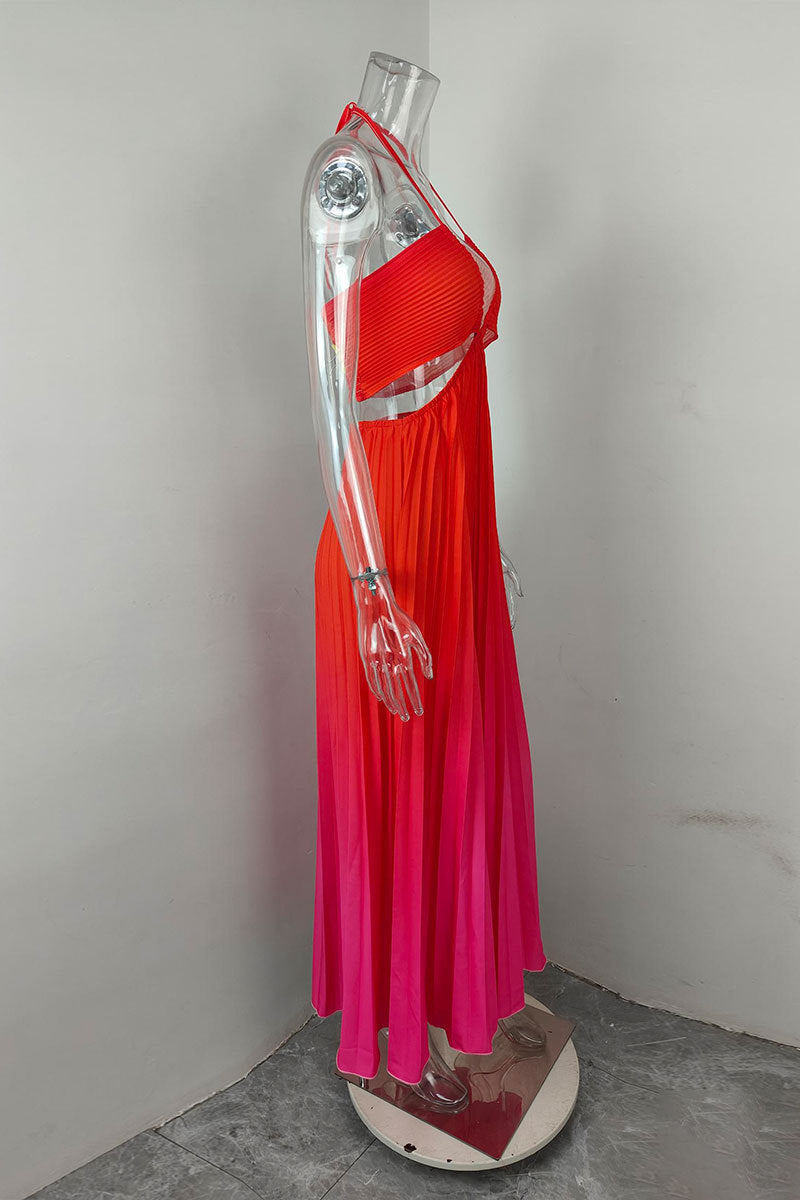 Women summer gradient Halter Neck pleated beach Holidays Maxi Dress 10