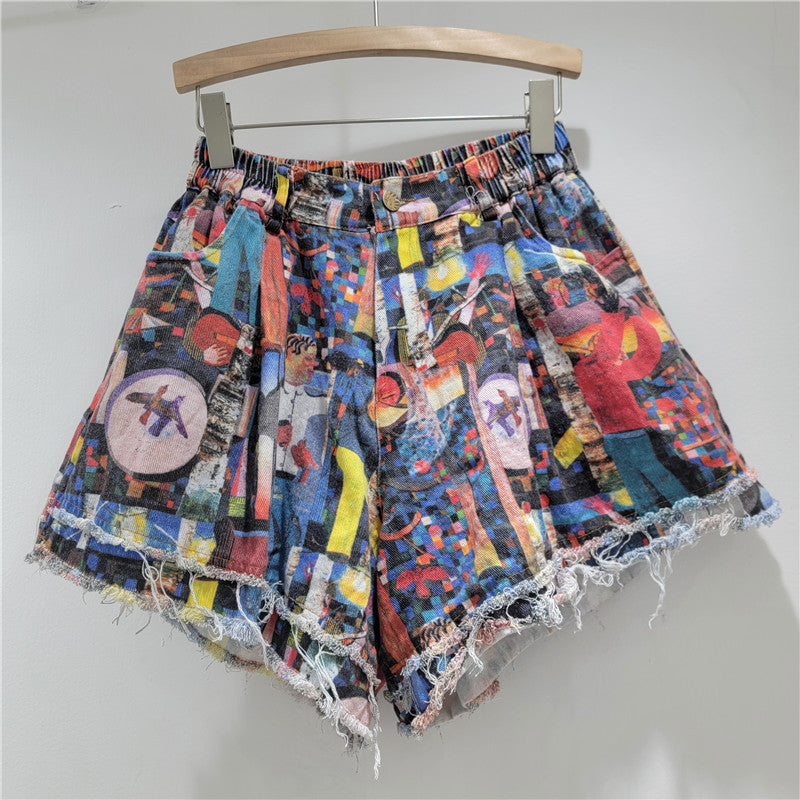 Summer Fashion Printed Distressed Wide-Leg Denim Shorts 3