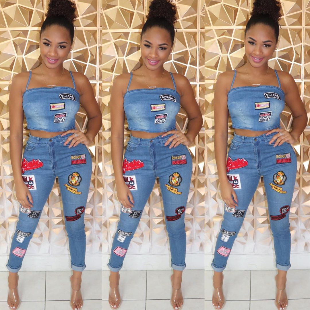 Women Sexy Cartoon Denim Top and Pant Set 5