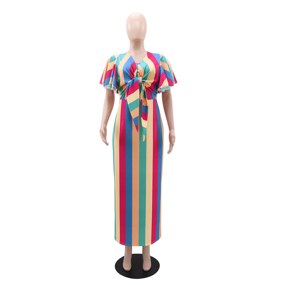 Striped Print Lace-Up Bow Slim Waist A-Line Long Dress 7