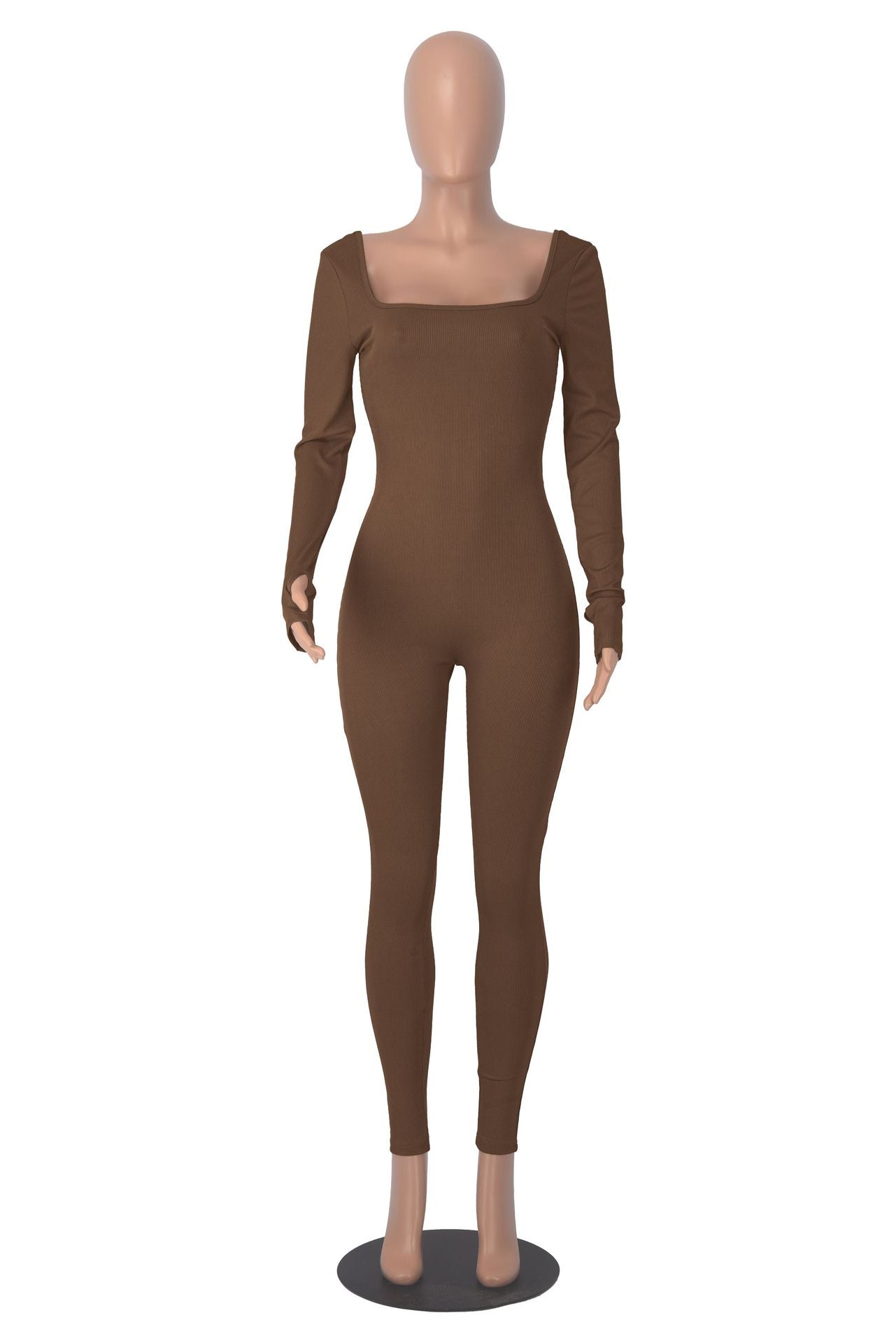 Women's Solid Color Long Sleeve Ribbed Square Neck Low Back Slim Fit Jumpsuit 25