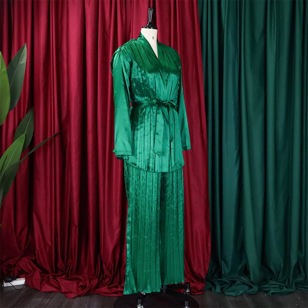 Women's Solid Color Pleated Loose Long Sleeve Lace-Up Shirt-Pants Two-Piece Set 19