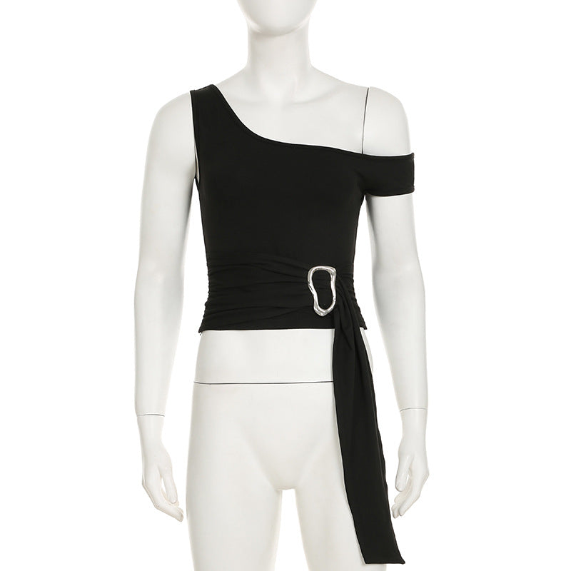 Women American asymmetrical off-shoulder metal button streamer Tank Top 6