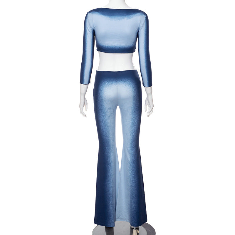 Women's Autumn Gradient Color Three Quarter Sleeve Crop Top High Waist Trousers Casual Two Piece Set 11