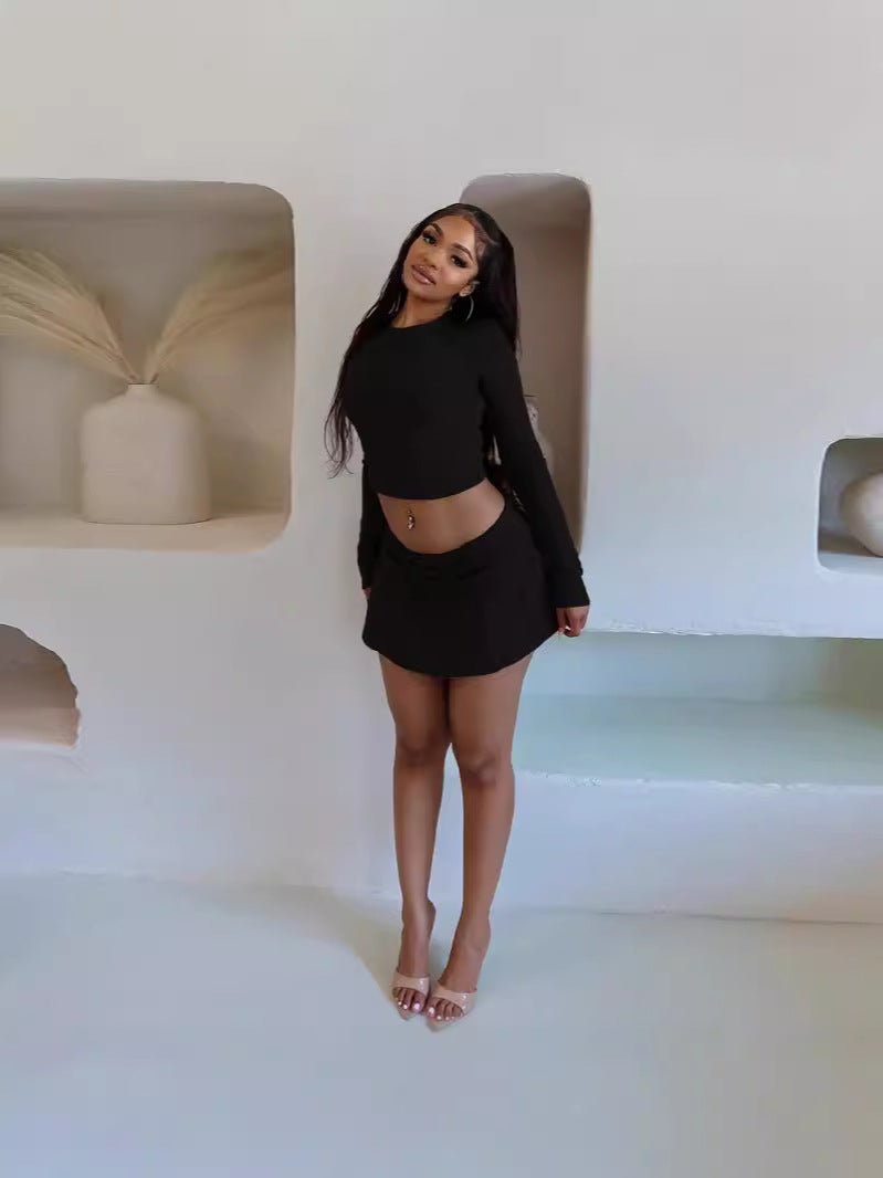 Women's fashion solid color Round Neck Crop slim long-sleeved top pleated short skirt two-piece set 6