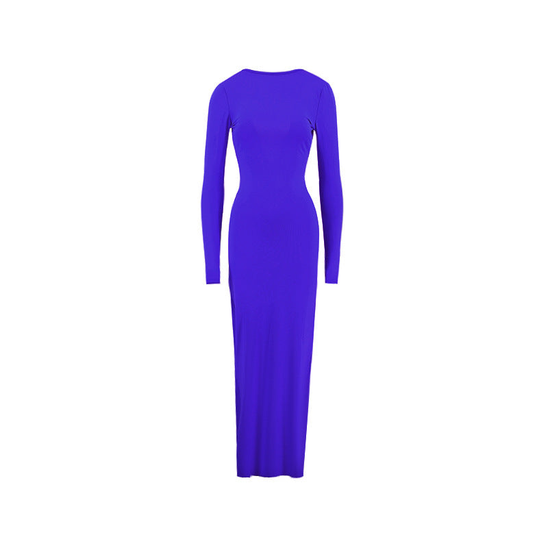 Women Pleated Long Sleeve Backless Bodycon Maxi Evening Dress 12