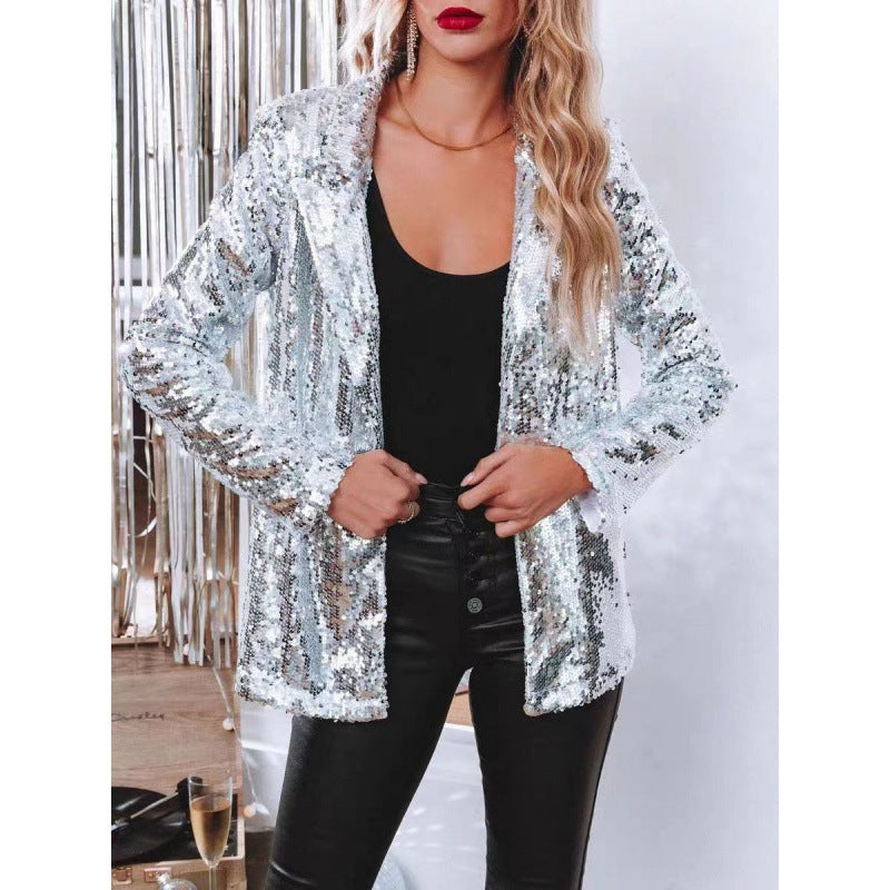Turndown Collar long-sleeved sequined Casual blazer for women 12