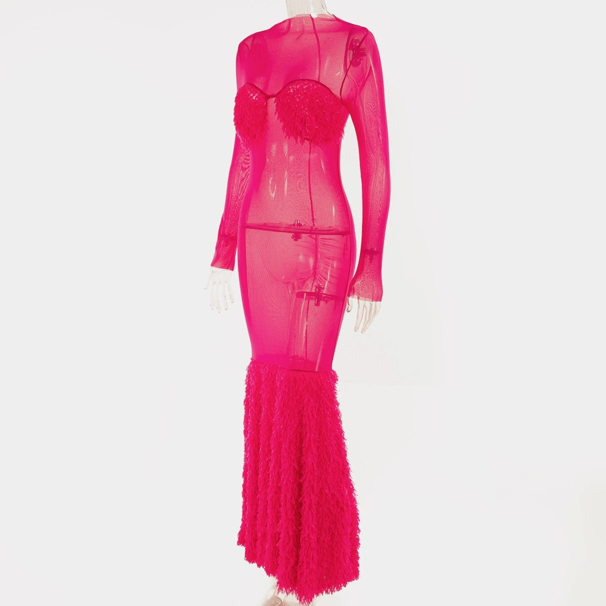 Women Mesh See-Through Round Neck Long Sleeve Patchwork Plush Fishtail Sexy Party Dress 8