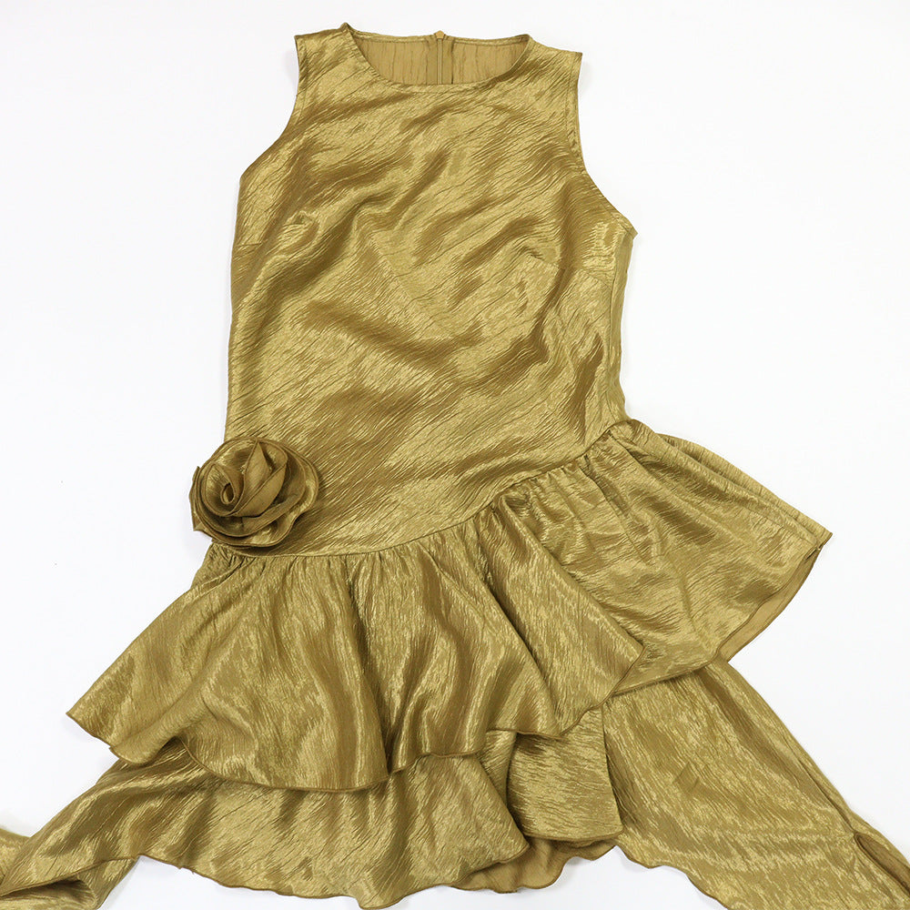 Round Neck Glitter Crinkle Irregular Solid Color Dress 14