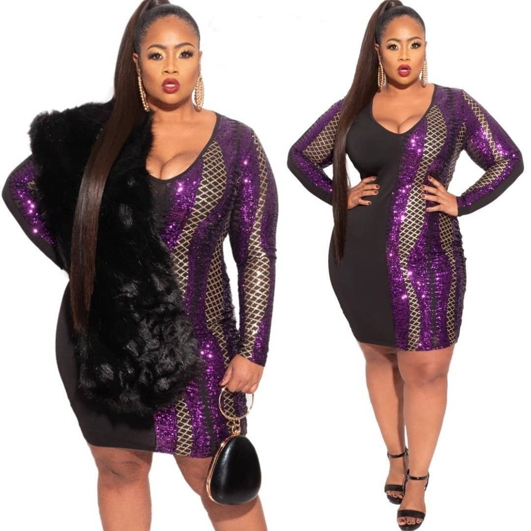 Women's V-Neck Sequin Patchwork Plus Size Dress 6