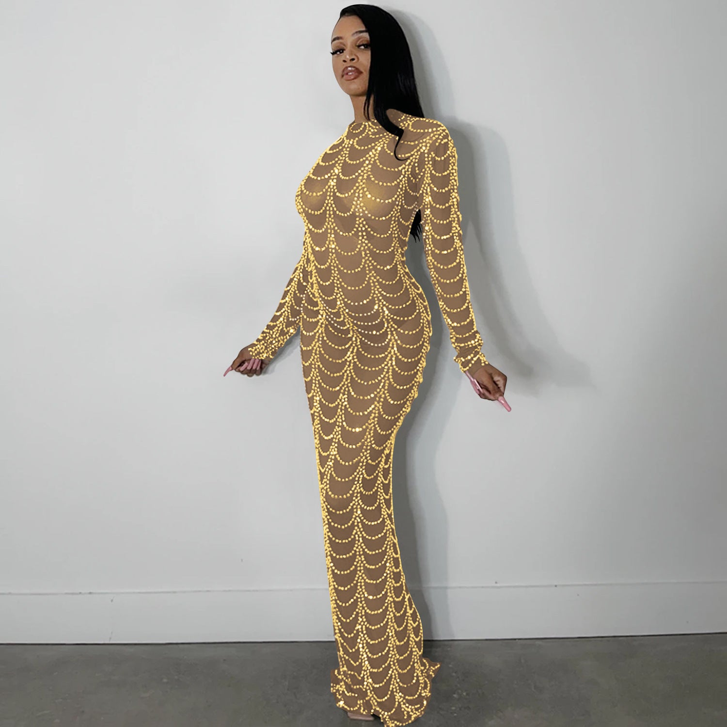 sexy rhinestone bead long sleeve see through long club dress 5