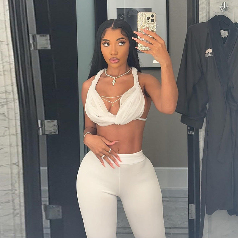 Women Halter Neck Backless Lace Tank Top and Solid Cropped Pants two-piece set 6