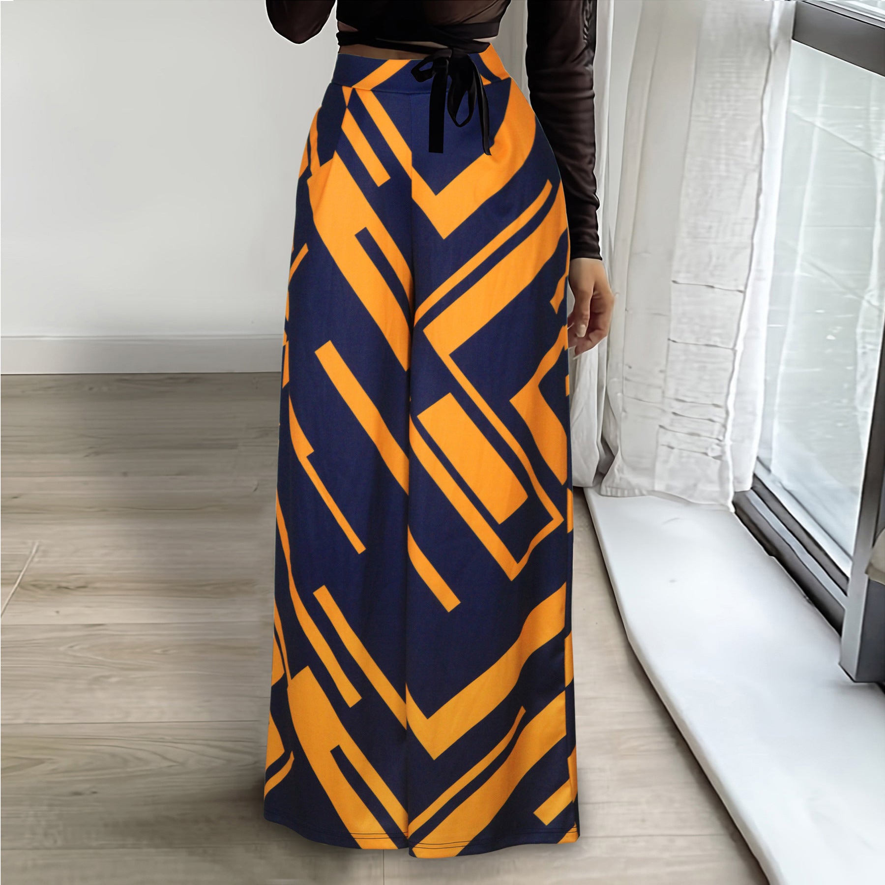 Spring and Autumn Women's Fashionable Loose High Waisted Wide Leg Pants Printed Straight Casual trousers 7