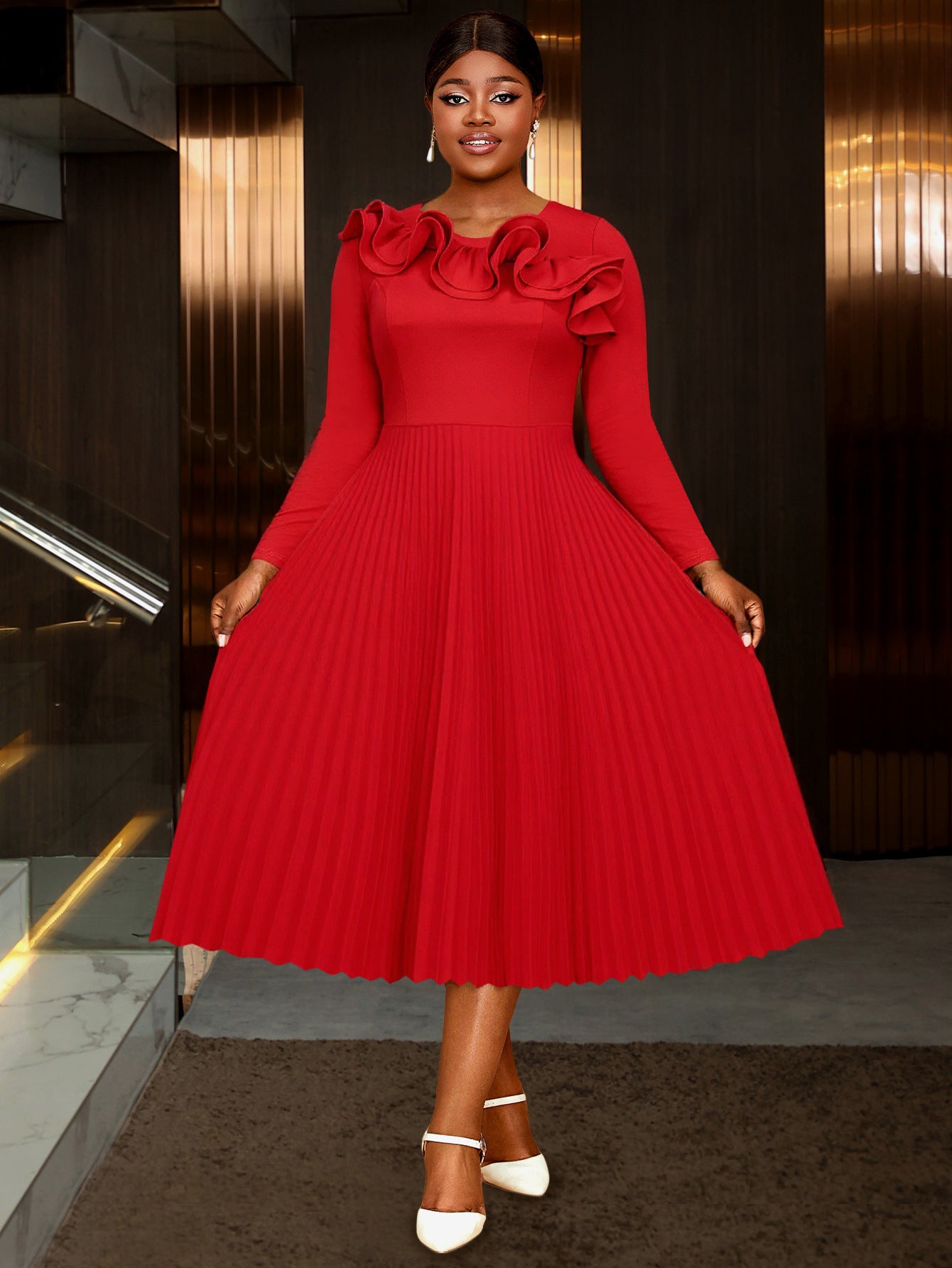 Plus-Size Women Wedding Round Neck Ruffled Long-Sleeved Pleated Red Formal Party Dress 4