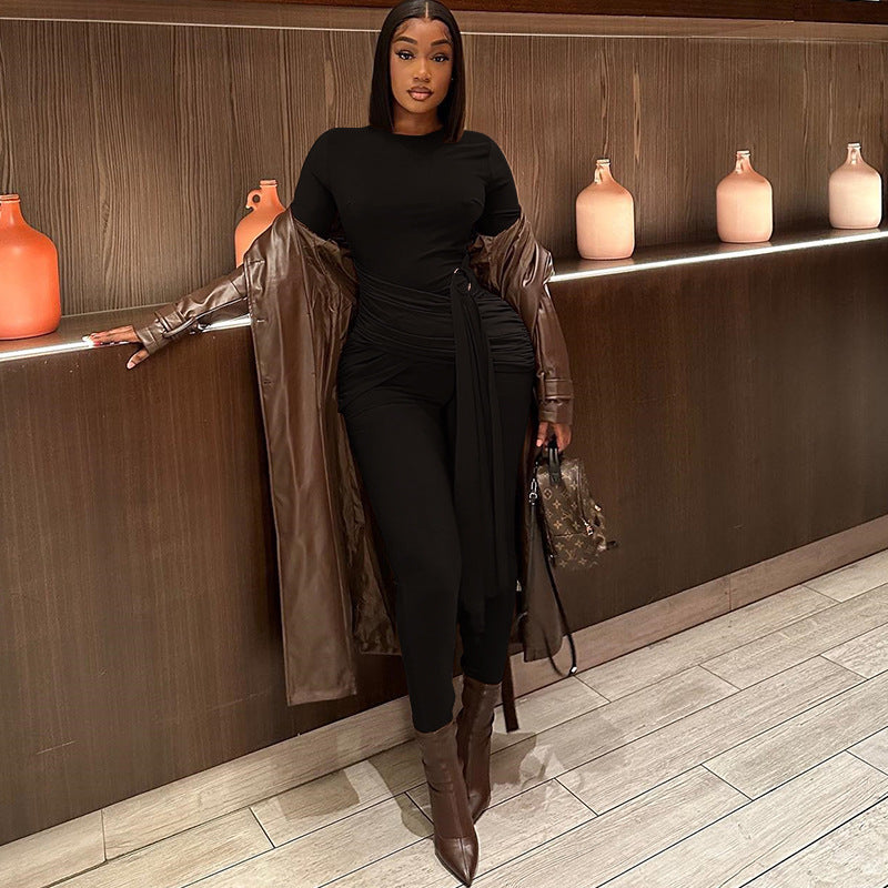 Women Solid Color One-Piece Lace-Up Round Neck Long Sleeve Tight Fitting Fitness Jumpsuit 4