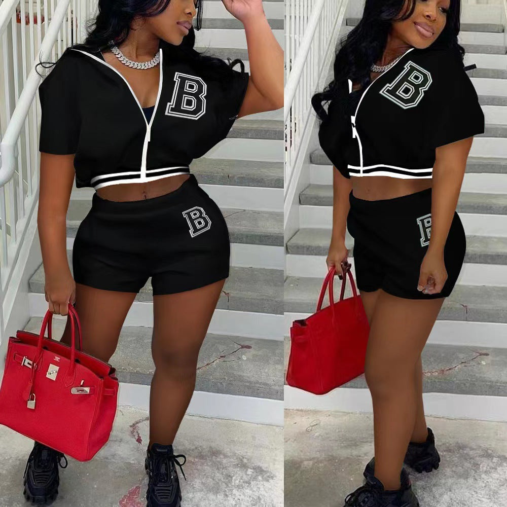 Women Summer Solid Zipper Print Top and Shorts Casual Two-piece Set 7