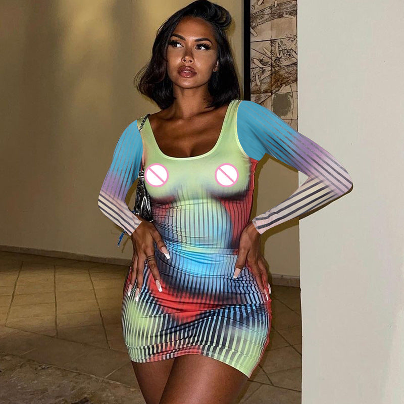 Women's Fall Fashion Print Slim U Neck Long Sleeve Bodycon Dress 4