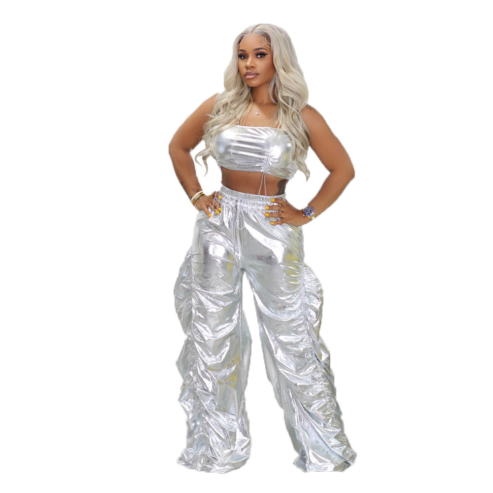 Women Fashion Shiny Street Hip Hop Crop Top and Pant Two-Piece Set 7