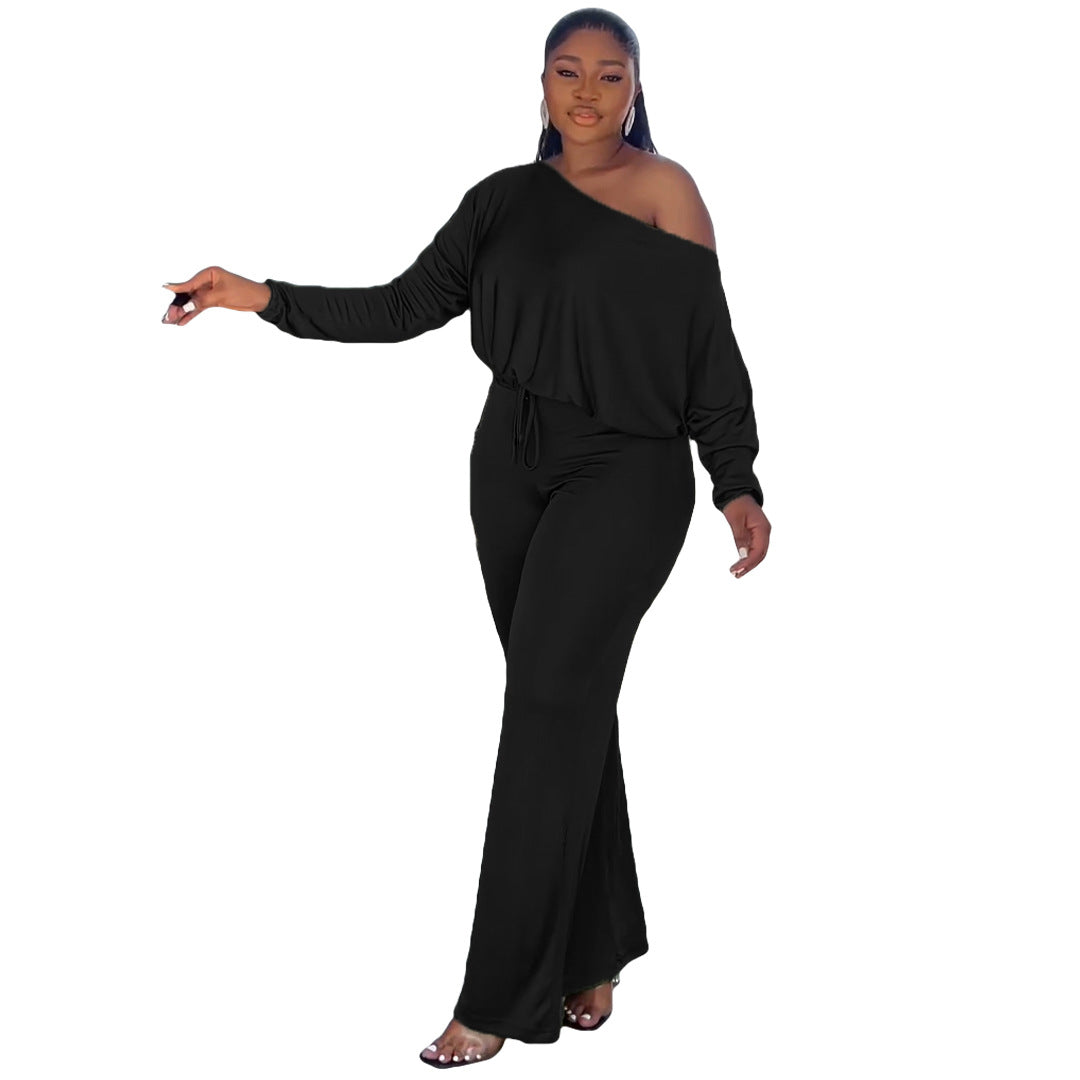 Women's Fashion Casual Solid Bat Sleeves Drawstring Jumpsuit 9