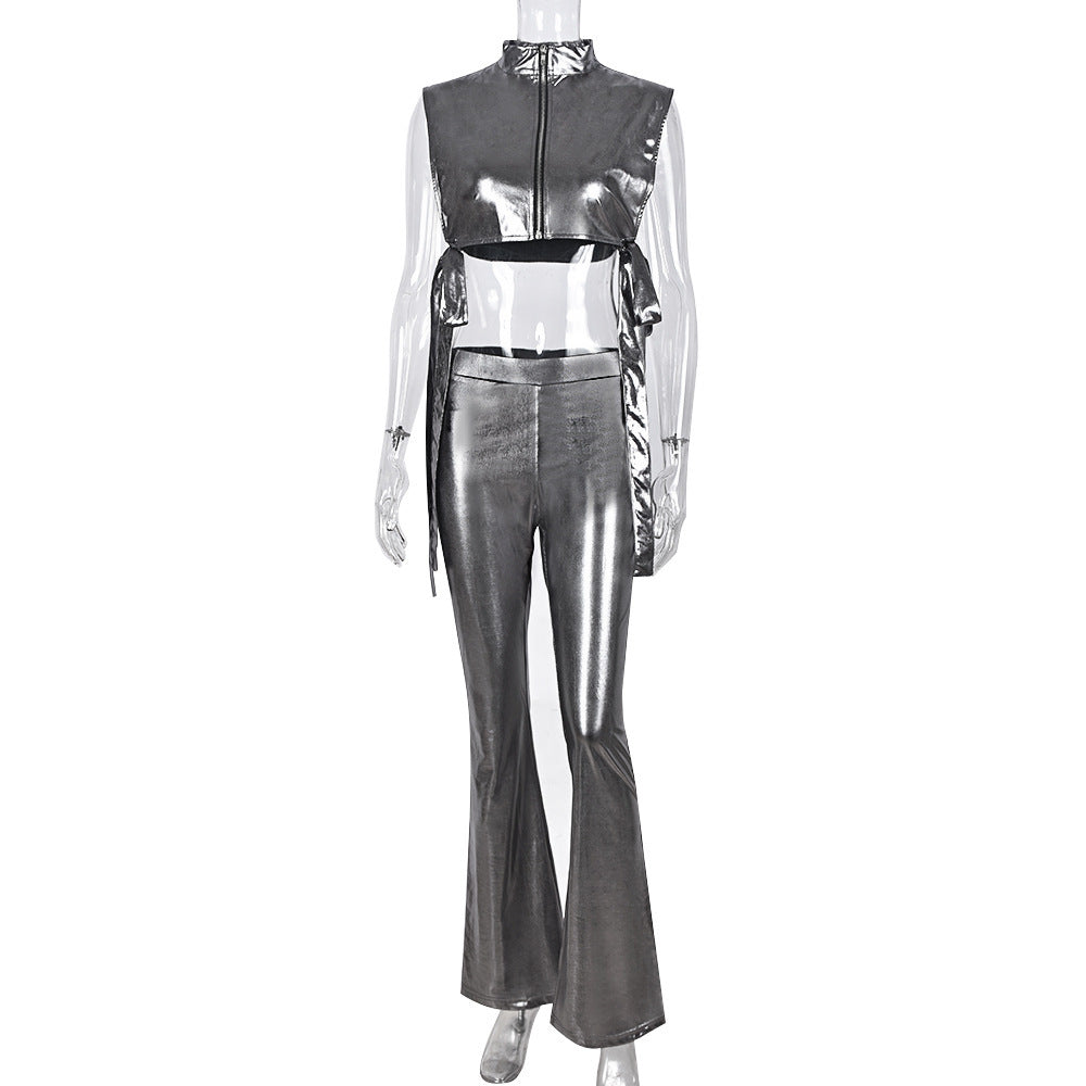 Sexy stretch leather side-exposed hollow vest high-waist bell-bottoms pants two piece set 8
