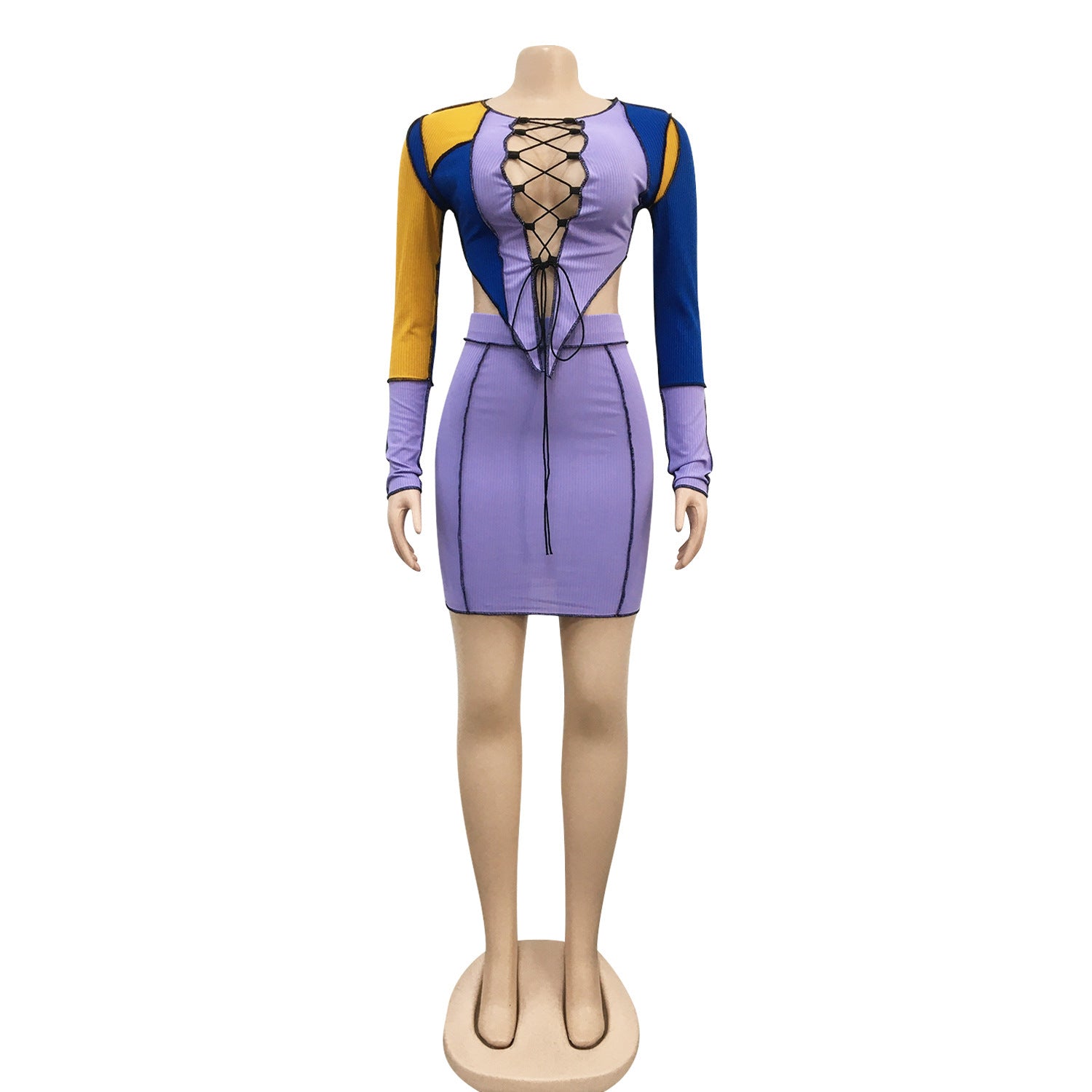 Women Lace-up Hollow Top and Skirt Two Piece Set 13