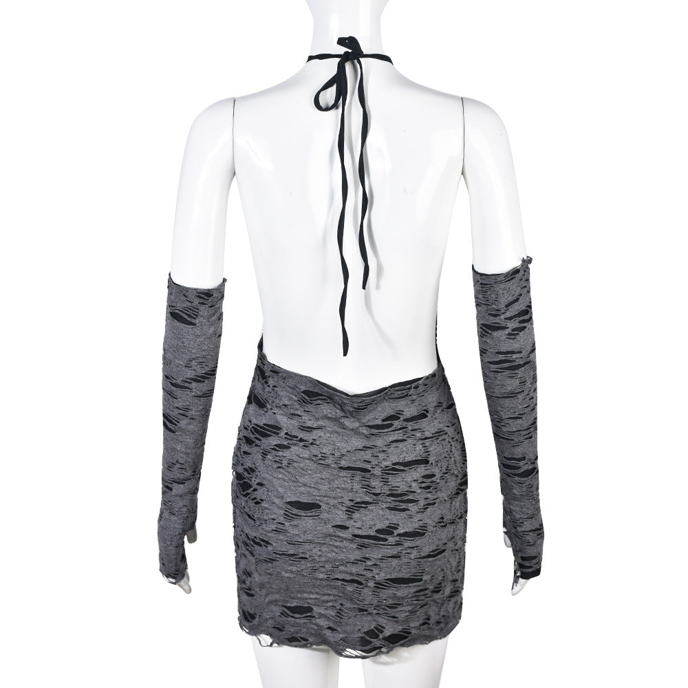 Women's Spring Ripped Halter Neck Low Back Slim Butt Lift Sexy Dress 6